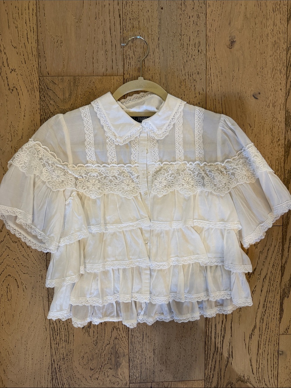 Girls White Lace Tiered Ruffle Blouse with Peter Pan Collar